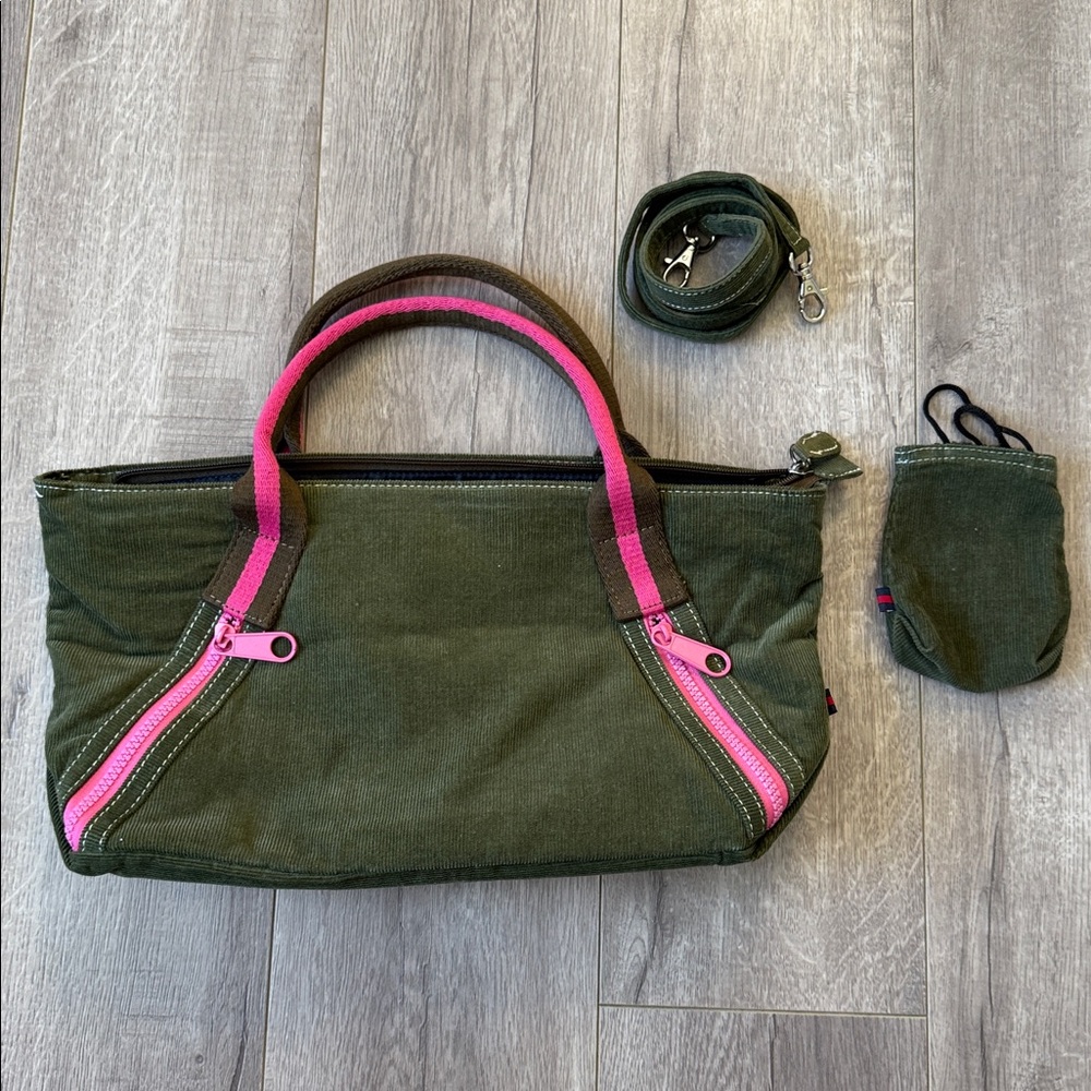 Tommy Hilfiger Y2K Corduroy Utility Tote Set Olive Pink + Pouch Strap Bundle